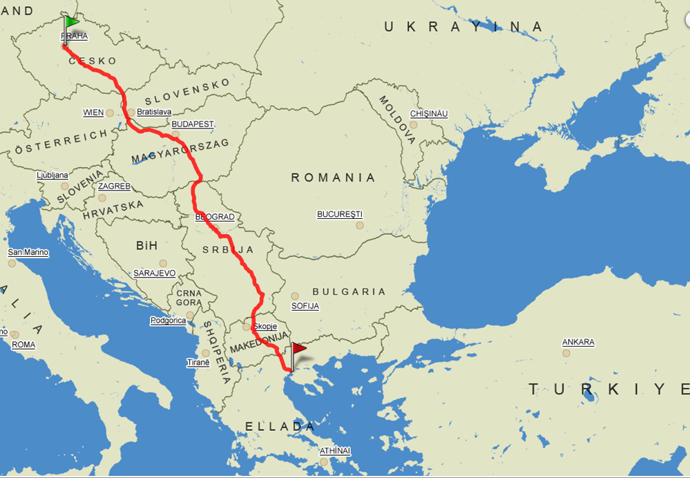 Mapa - trasa autem do Řecka
